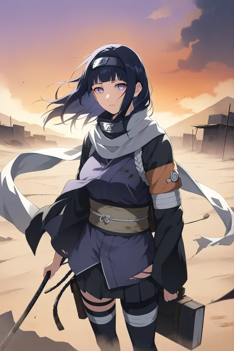 ((masterpiece)), ((RAW 8K)), ((anime-real fusion)), ((cinematic lighting)), ((dusty post-apocalyptic tones)), ((hyper-detailed textures)), ((emotionally atmospheric)),

Hinata Hyuga as a lone wanderer in a ruined world, full-body or waist-up portrait. Wear...