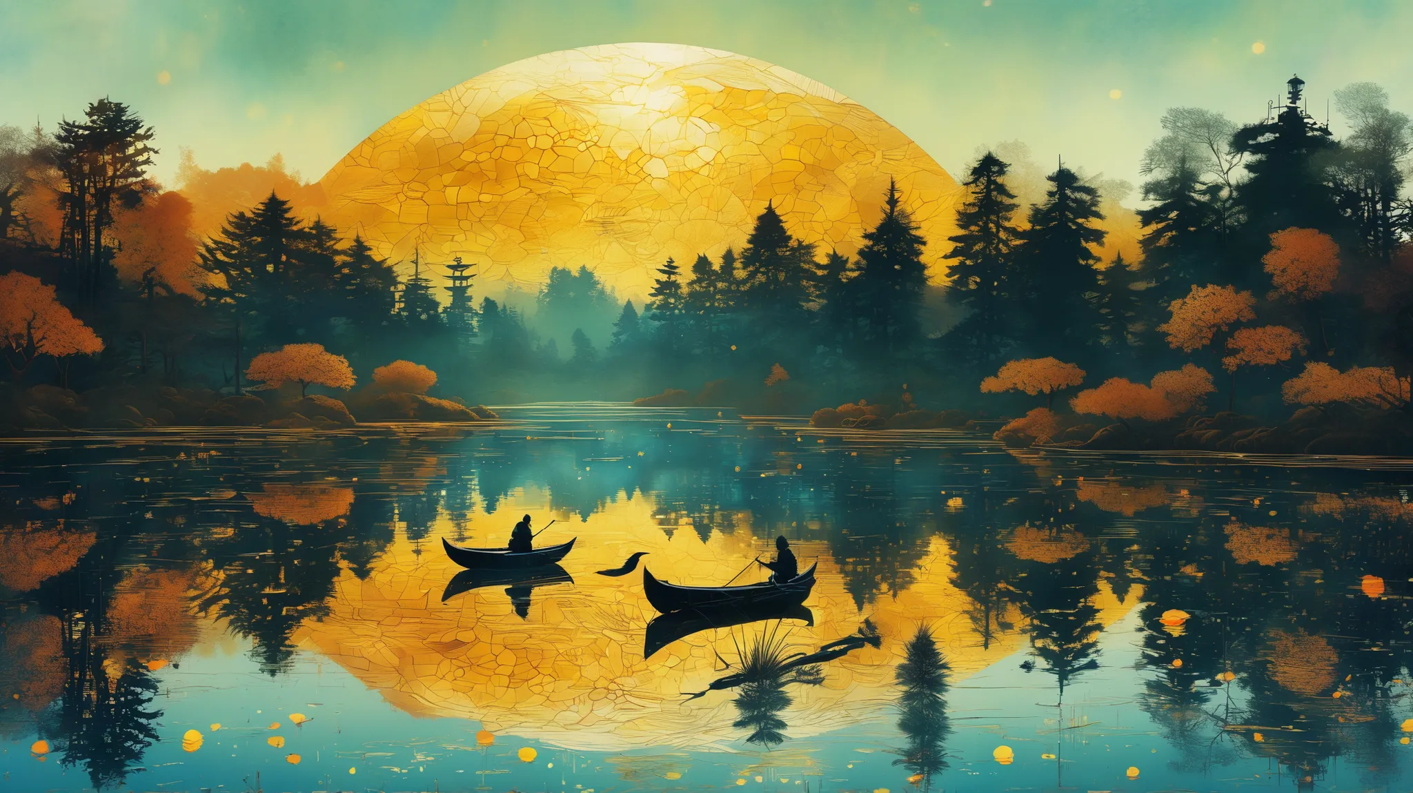 Reflections in a lake. highly detailed, intricate motifs, watercolor and golden ink. Beautiful shades of complementary colors. By Yoshikata Amano, Andy Kehoe, Ismail Inceoglu, Victo Ngai. Chiaroscuro. hyperdetailed 8K resolution, perfect quality