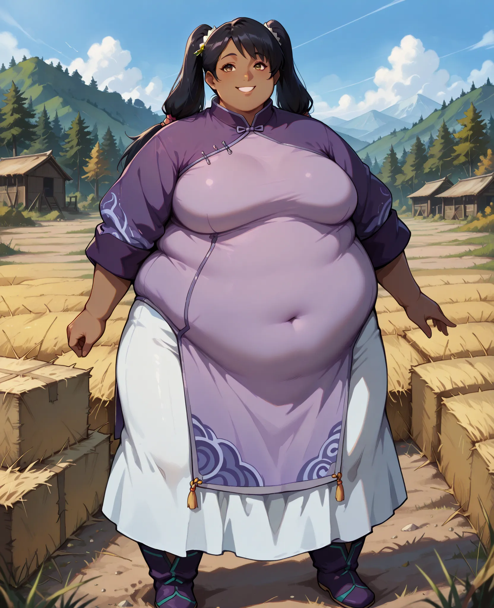 masterpiece, best quality, high resolution,1girl, solo, hay lin, purple cheongsam, purple jacket, large breasts, long hair, twin tails, black hair, brown eyes, dark skin, smiling, outdoors, wasteland, full body, cowboy shot