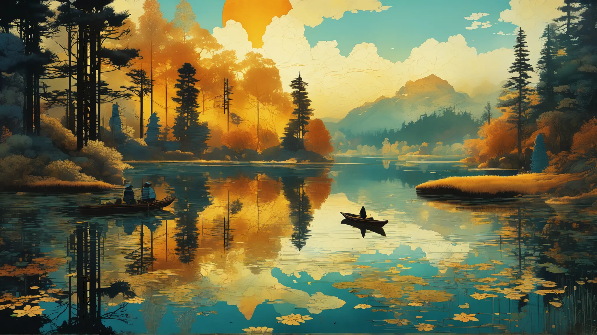 Reflections in a lake. highly detailed, intricate motifs, watercolor and golden ink. Beautiful shades of complementary colors. By Yoshikata Amano, Andy Kehoe, Ismail Inceoglu, Victo Ngai. Chiaroscuro. hyperdetailed 8K resolution, perfect quality