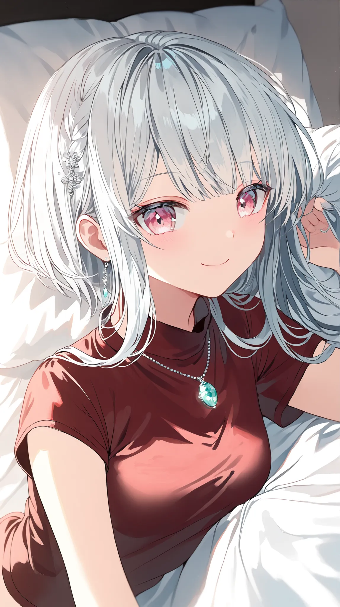 korean young woman, long silver hair with little bit of white hair made into elegant and cute hairstyle, light pink eyes, small round face, cute smile, small breasts, wearing dark red shirt with short sleeves and black jean shorts, wearing silver pendant w...