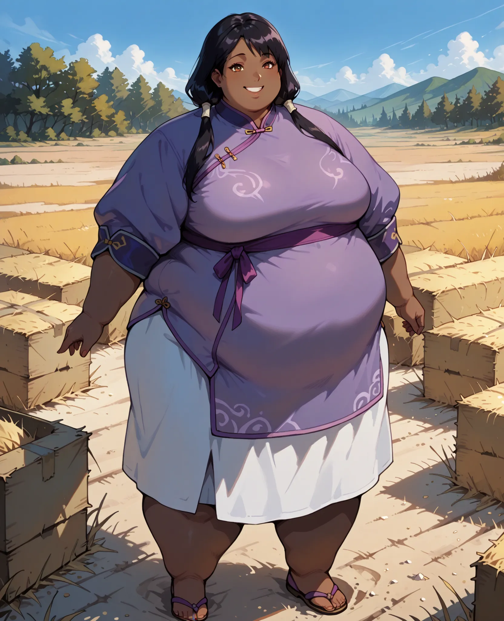 masterpiece, best quality, high resolution,1girl, solo, hay lin, purple cheongsam, purple jacket, large breasts, long hair, twin tails, black hair, brown eyes, dark skin, smiling, outdoors, wasteland, full body, cowboy shot