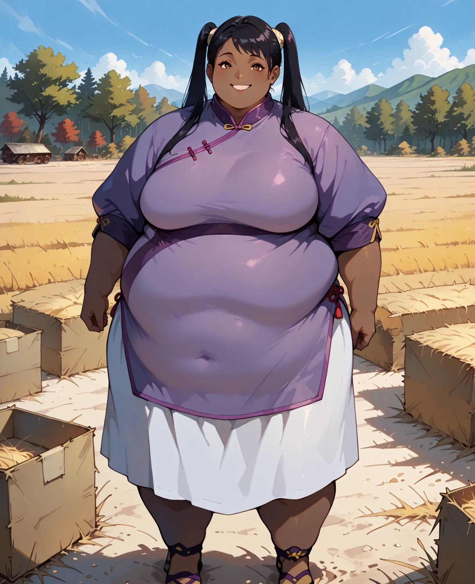 masterpiece, best quality, high resolution,1girl, solo, hay lin, purple cheongsam, purple jacket, large breasts, long hair, twin tails, black hair, brown eyes, dark skin, smiling, outdoors, wasteland, full body, cowboy shot