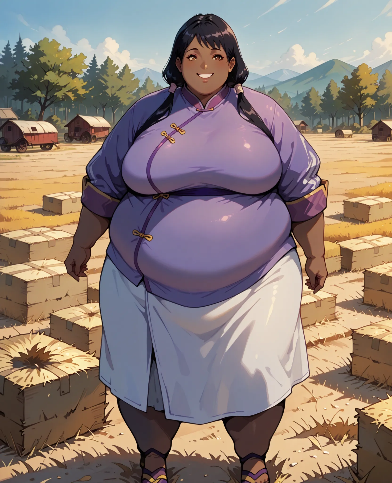 masterpiece, best quality, high resolution,1girl, solo, hay lin, purple cheongsam, purple jacket, large breasts, long hair, twin tails, black hair, brown eyes, dark skin, smiling, outdoors, wasteland, full body, cowboy shot