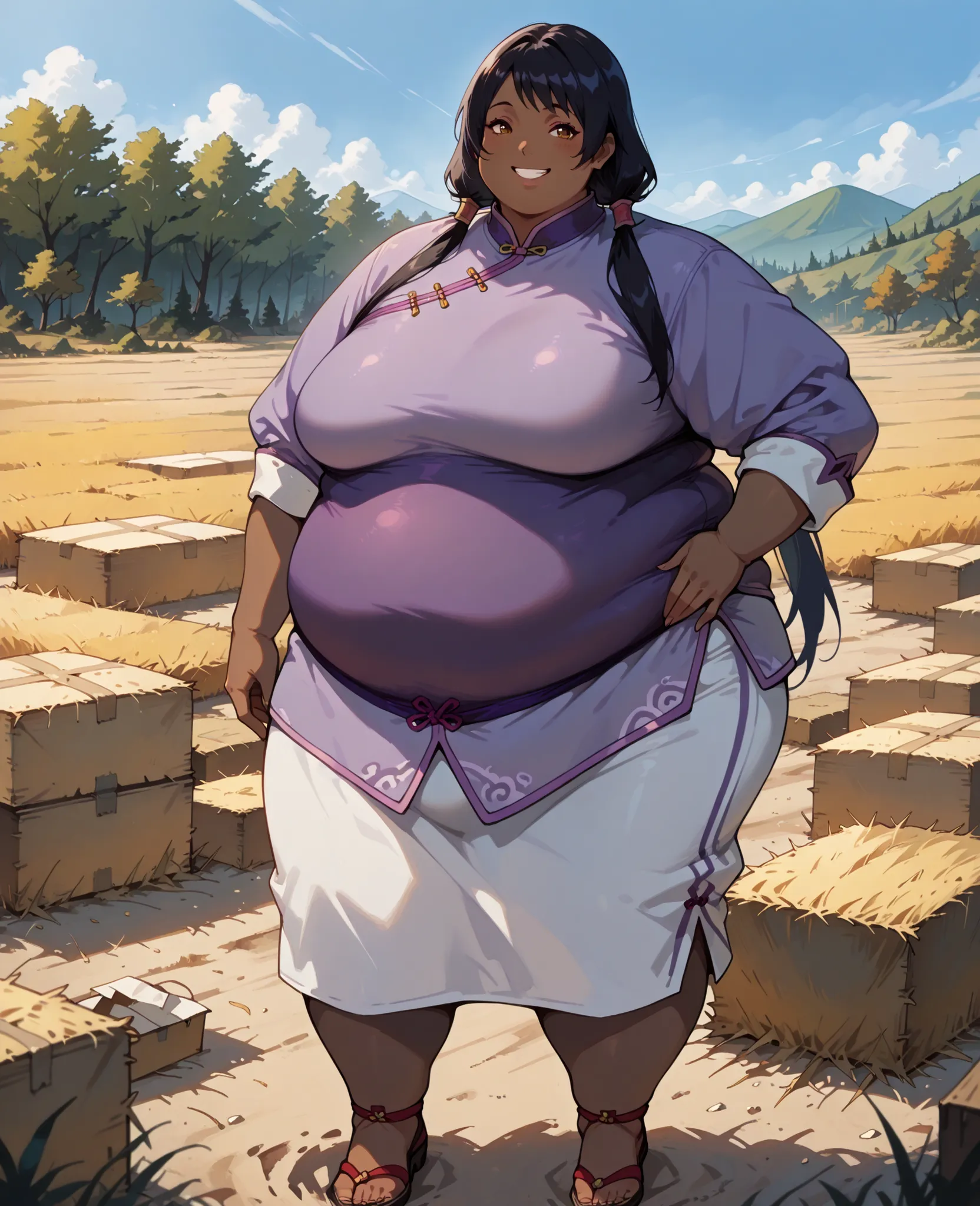 masterpiece, best quality, high resolution,1girl, solo, hay lin, purple cheongsam, purple jacket, large breasts, long hair, twin tails, black hair, brown eyes, dark skin, smiling, outdoors, wasteland, full body, cowboy shot