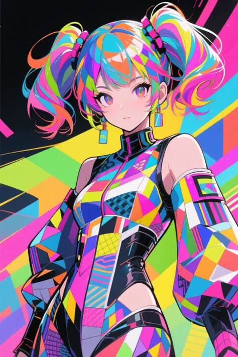 cool beauty, hair set, psychedelic pop art, patchwork art, manga style