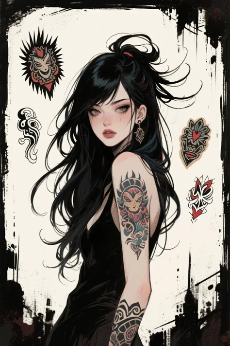 cool beauty, hair set, tattoo flash art, grunge art, illustration style