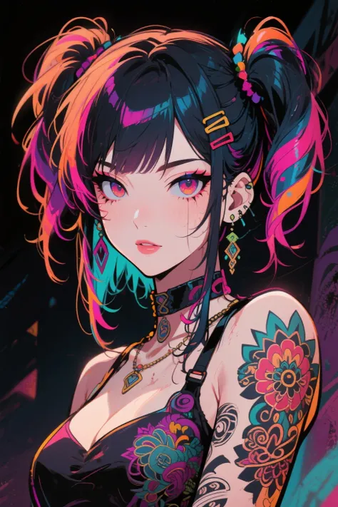 cool beauty, hair set, tattoo flash art, grunge art, manga style