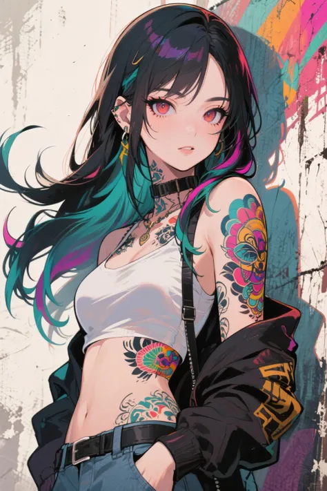 cool beauty, hair set, tattoo flash art, grunge art, anime style
