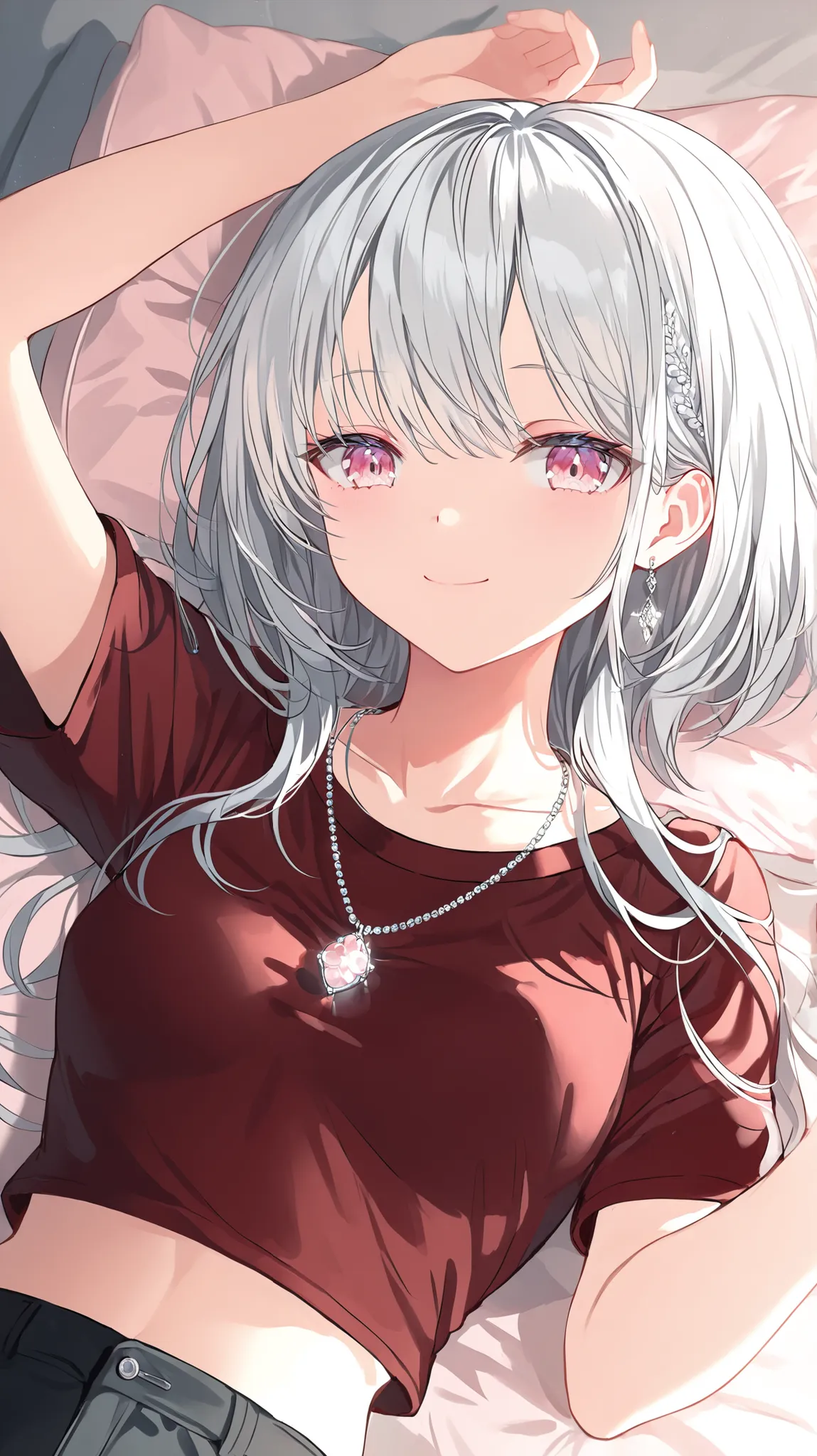 korean young woman, long silver hair with little bit of white hair made into elegant and cute hairstyle, light pink eyes, small round face, cute smile, small breasts, wearing dark red shirt with short sleeves and black jean shorts, wearing silver pendant w...