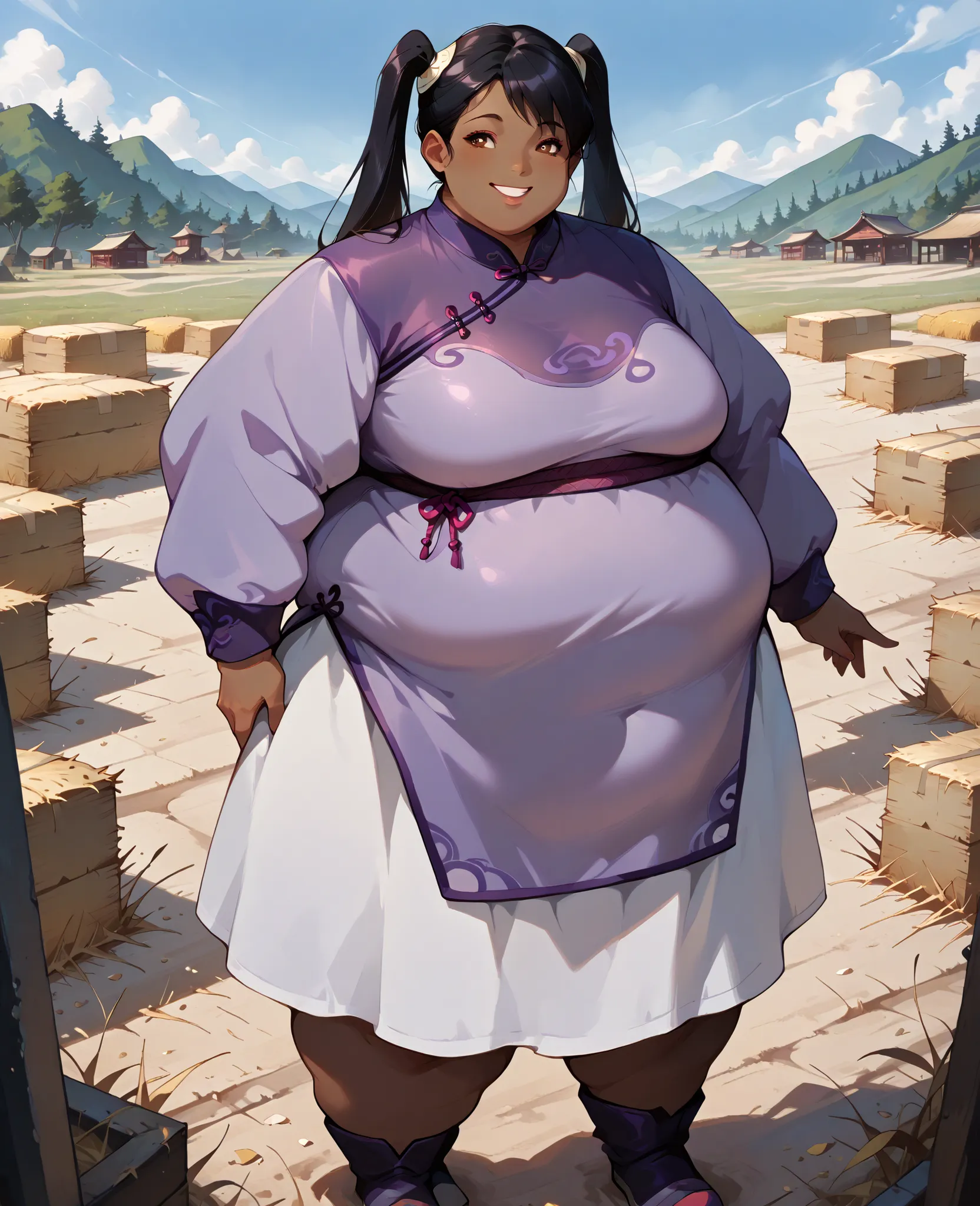 masterpiece, best quality, high resolution,1girl, solo, hay lin, purple cheongsam, purple jacket, large breasts, long hair, twin tails, black hair, brown eyes, dark skin, smiling, outdoors, wasteland, full body, cowboy shot