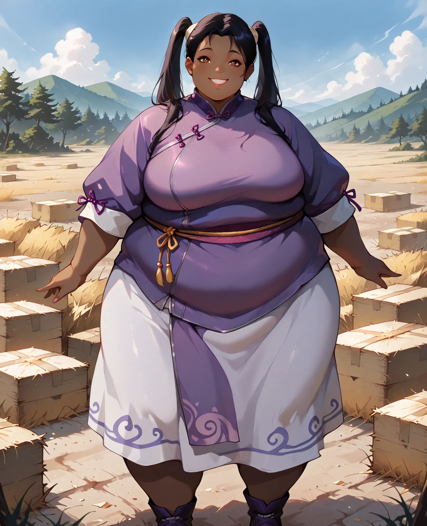 masterpiece, best quality, high resolution,1girl, solo, hay lin, purple cheongsam, purple jacket, large breasts, long hair, twin tails, black hair, brown eyes, dark skin, smiling, outdoors, wasteland, full body, cowboy shot