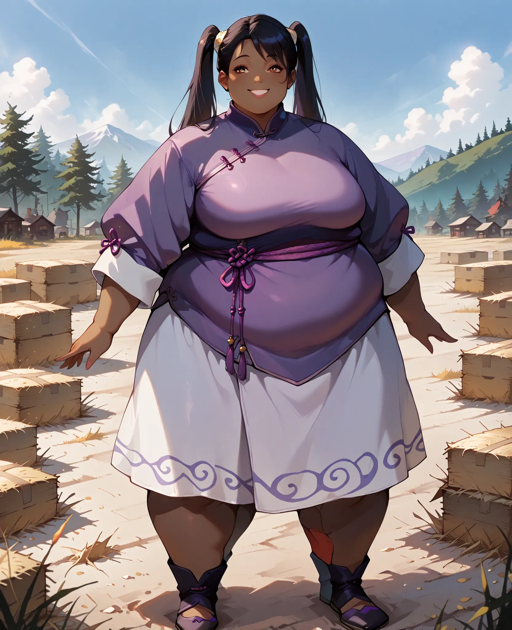 masterpiece, best quality, high resolution,1girl, solo, hay lin, purple cheongsam, purple jacket, large breasts, long hair, twin tails, black hair, brown eyes, dark skin, smiling, outdoors, wasteland, full body, cowboy shot
