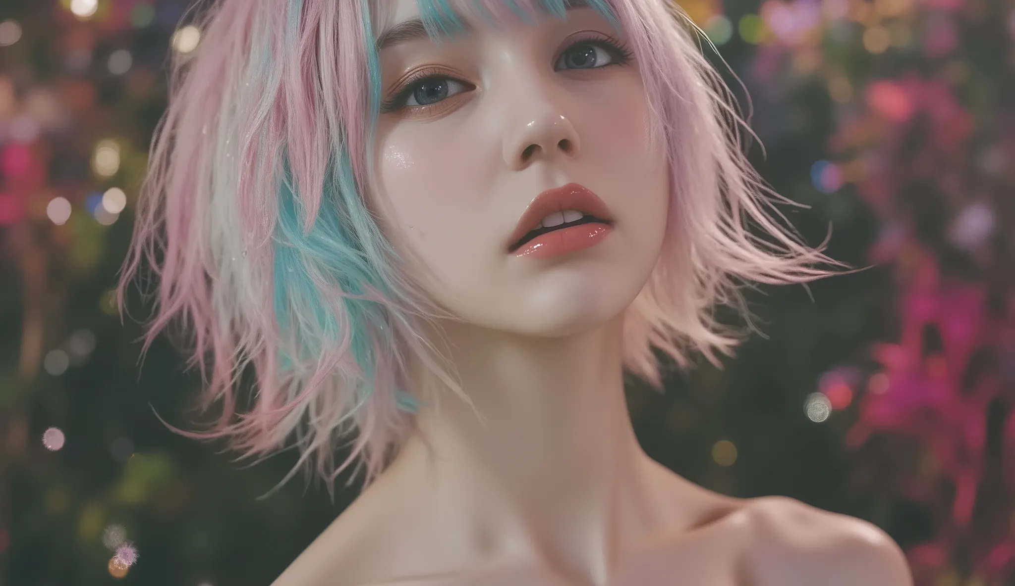 Top quality, 8k, masterpiece, ((straight hair:1.8, perfect center part, Show your entire forehead:1.8, rainbow-colored hair , white eyebrows, Perfectly Reproduce Your Full Body)), ((huge saggy breasts:1.8)), ((cool American comic style composition and pose...