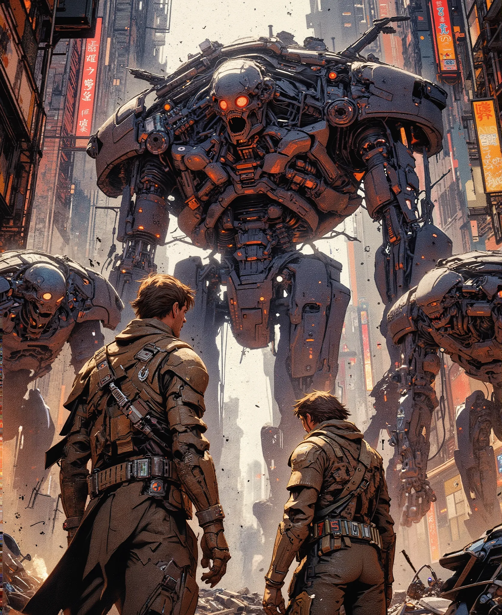 A semi-realistic digital painting with bold outlines, dynamic angles, and stylized shading, inspired by comic books and concept art. The scene is set in a war-torn futuristic city, with crumbling skyscrapers, smoke, and glowing neon lights in the backgroun...