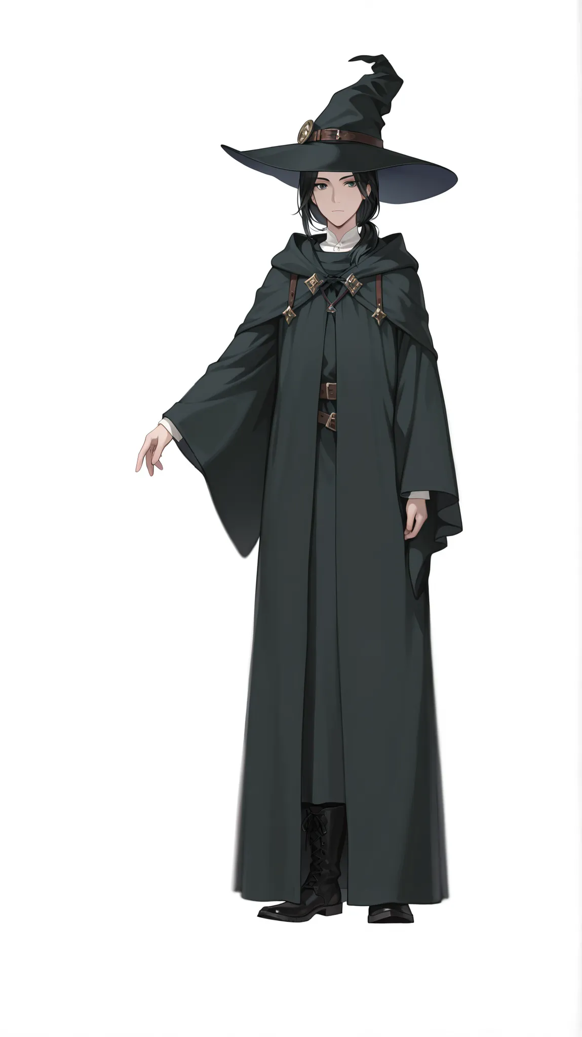 1boy, solo, looking at viewer, medium hair, simple background, black hair, long sleeves, hat, white shirt, white background, closed mouth, standing, full body, boots, belt, wide sleeves, black footwear, amber eyesblack headwear, witch hat, robe, medieval c...