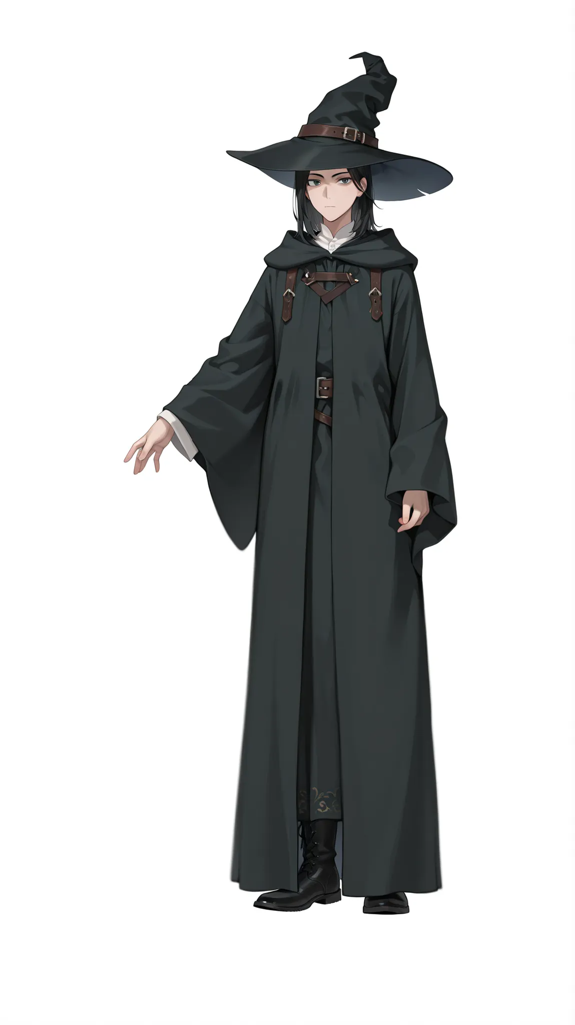 1boy, solo, looking at viewer, medium hair, simple background, black hair, long sleeves, hat, white shirt, white background, closed mouth, standing, full body, boots, belt, wide sleeves, black footwear, amber eyesblack headwear, witch hat, robe, medieval c...