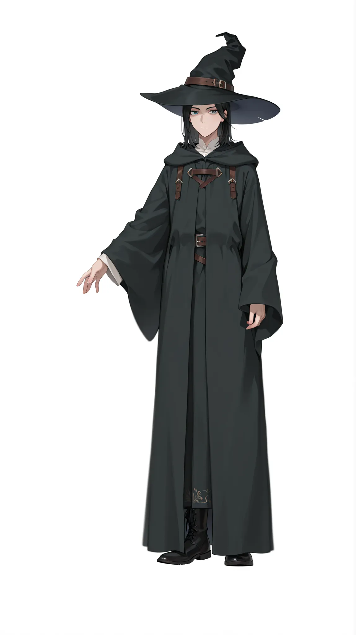 1boy, solo, looking at viewer, medium hair, simple background, black hair, long sleeves, hat, white shirt, white background, closed mouth, standing, full body, boots, belt, wide sleeves, black footwear, amber eyesblack headwear, witch hat, robe, medieval c...