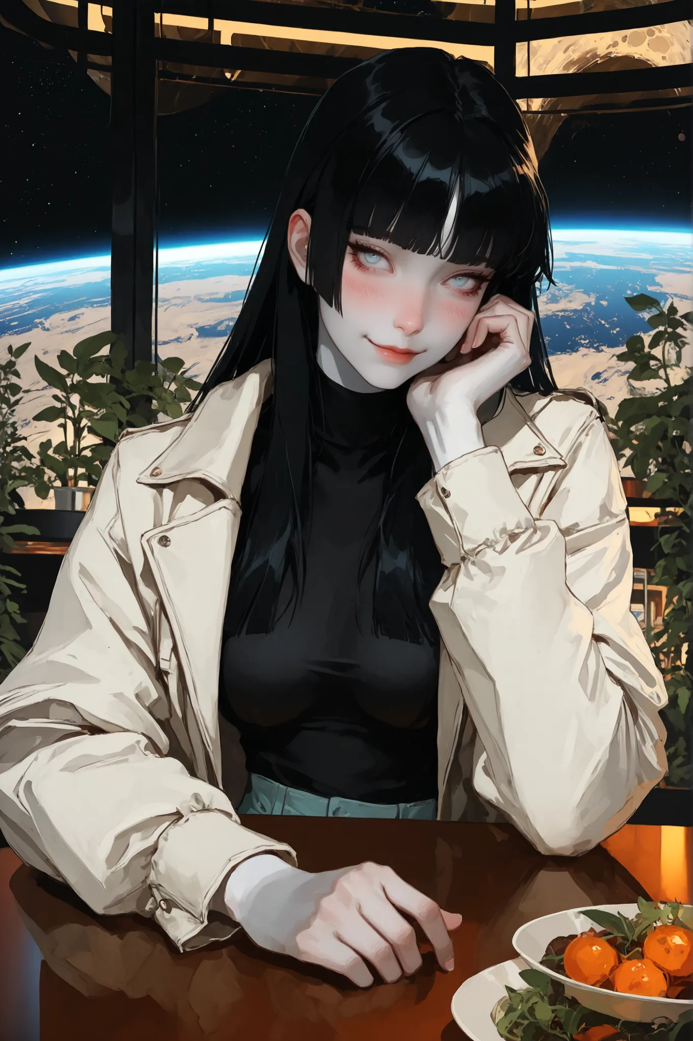 female, long straight black hair, straight bangs, hime cut, light blue eyes, slender, thin, very tall, black turtleneck, elegant futuristic clothes, pale white skin, stylish clothes, medium breasts, window, space colony on the moon, dandere, futuristic, cy...