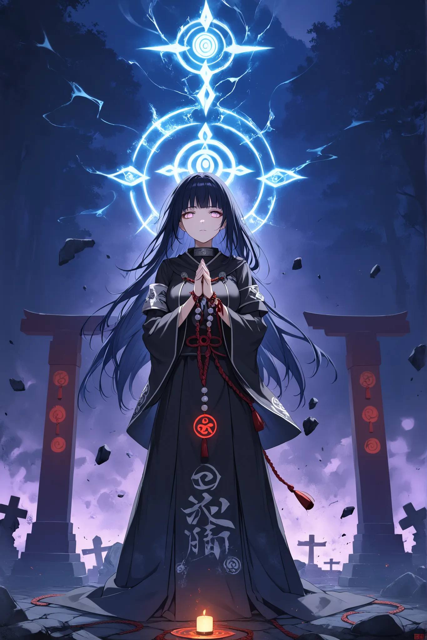((masterpiece)), ((RAW 8K)), ((anime-realism fusion)), ((dark fantasy aesthetic)), ((hyper-detailed spiritual symbols)), ((soft occult glow)), ((mystic atmosphere)),
Hinata Hyuga in Cursed Monk Attire, waist-up or full-body dramatic portrait.
Wearing a b...