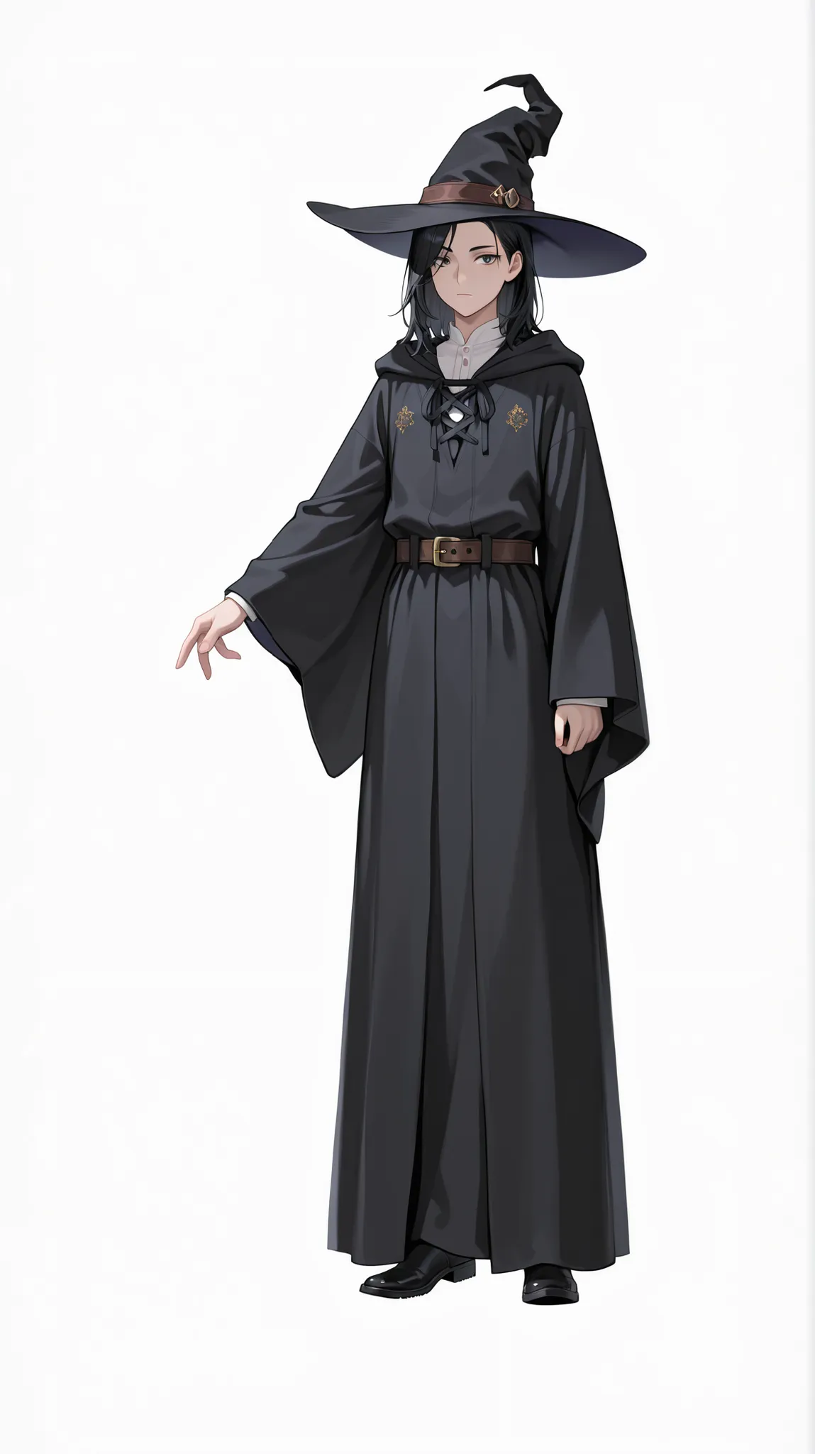 1boy, solo, looking at viewer, medium hair, simple background, black hair, long sleeves, hat, white shirt, white background, closed mouth, standing, full body, boots, belt, wide sleeves, black footwear, amber eyesblack headwear, witch hat, robe, medieval c...