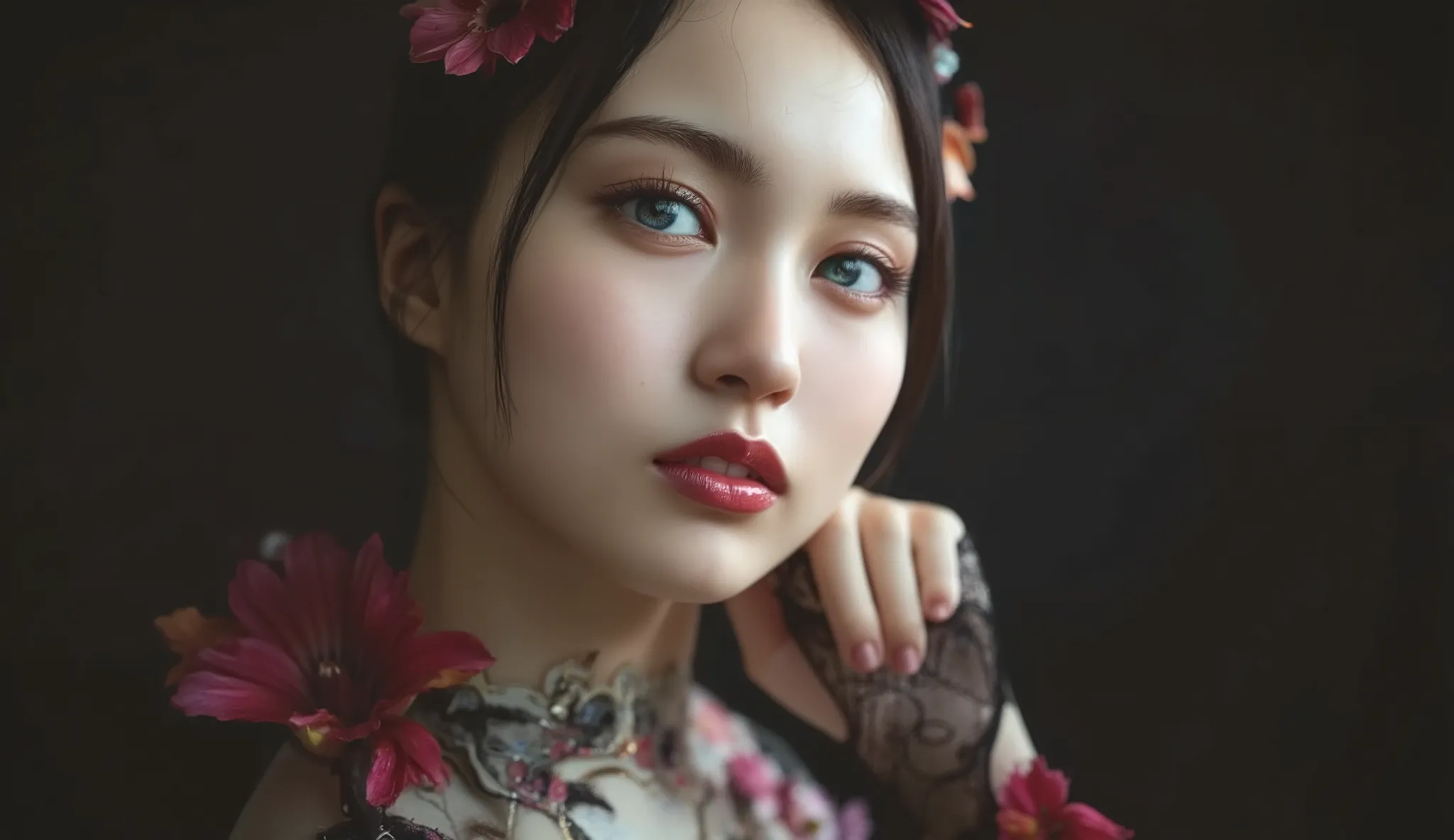 Realistic ((photorealistic realism)), Ultra high resolution, (( super crazy quality ,  epice masterciece , digital art with fine detail)),((focus on extremely Realistic Proportion Body:1.3),"Side-Facing {Blue Eyed Woman, wearing a dress, standing in a gard...