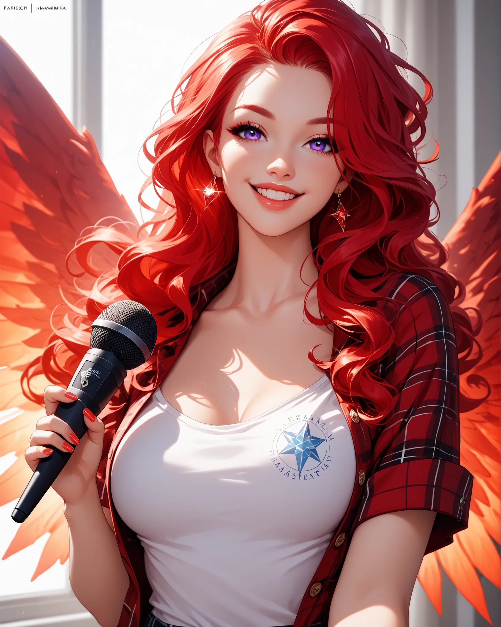 Image divided into 2 frames, left side: character Sunset Shinmer with her fiery hair wearing a white t-shirt with a sun print at chest height gesturing with her hands in the air while speaking into a microphone in front of her in her room with the lights o...