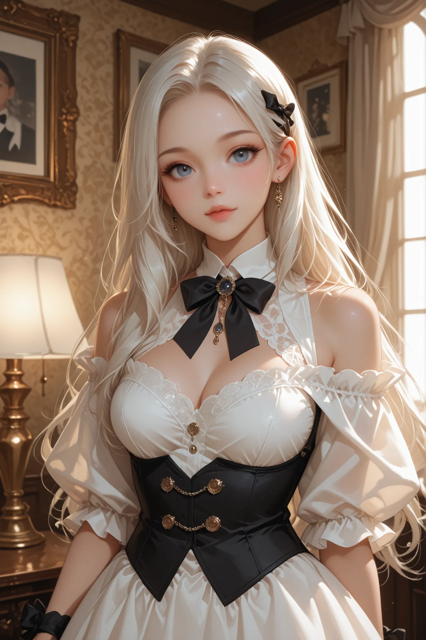 A couple is seated elegantly in a luxurious indoor setting, suggestive of a formal event. The woman wears an off-the-shoulder, form-fitting white gown with a structured bodice and a decorative bow at the waist, accentuating her sophisticated appearance. He...
