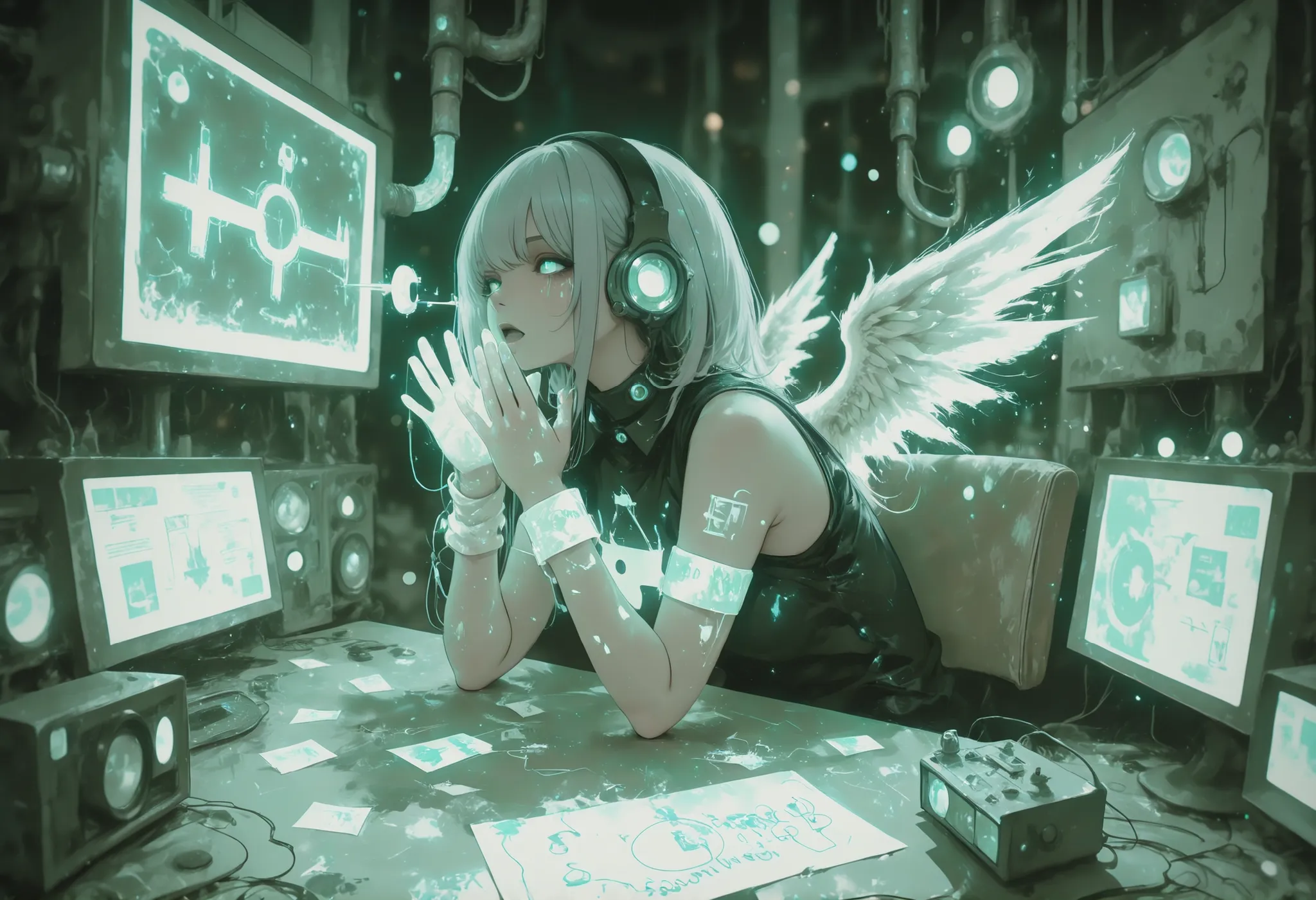masterpiece, detailed, moody lighting, futuristic radio studio, dark soundproof room, glowing console lights, neon waveform monitors, flickering ON AIR sign,

1girl, silver hair, somber expression, black splattered angel wings folded behind her, wearing he...