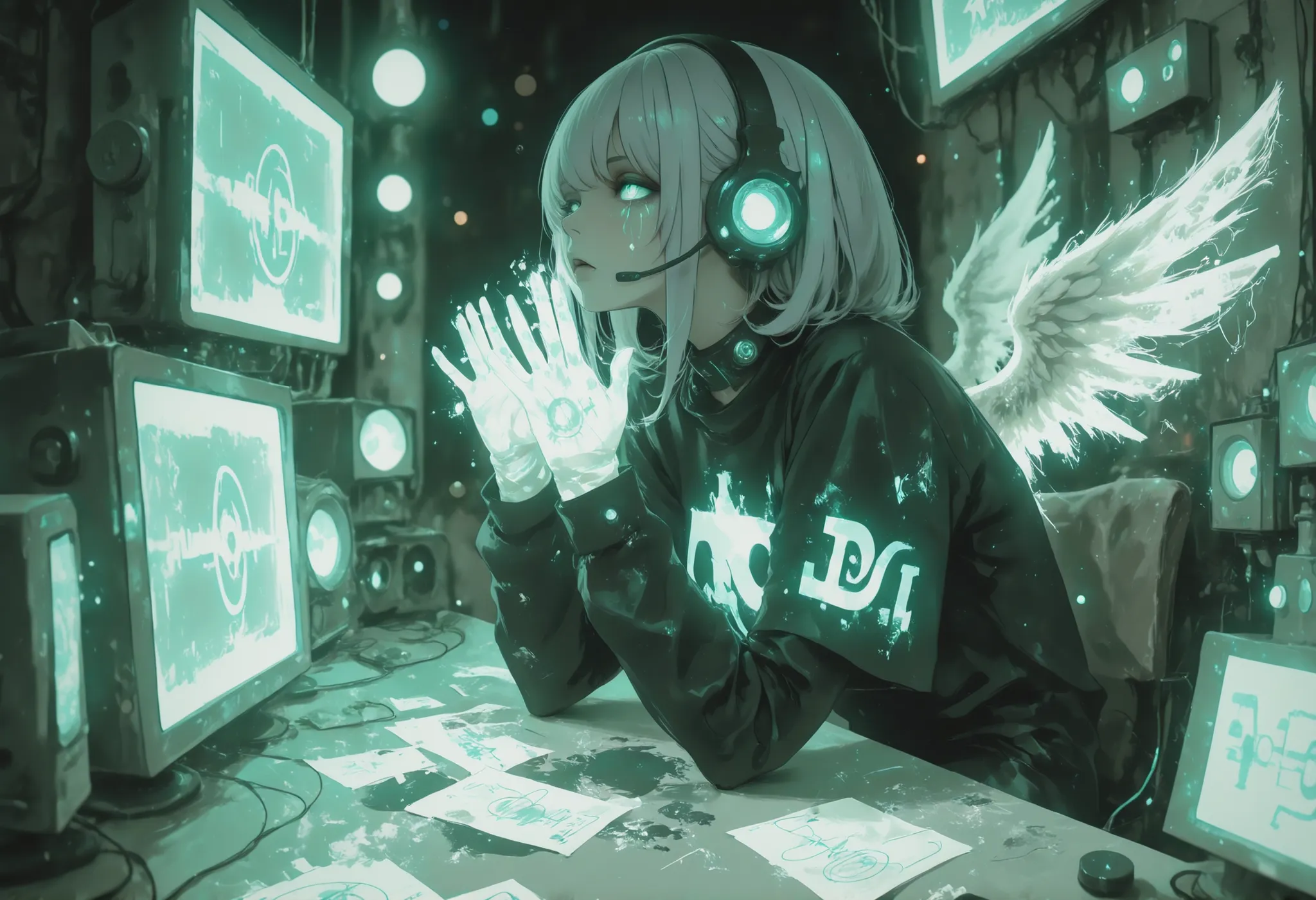 masterpiece, detailed, moody lighting, futuristic radio studio, dark soundproof room, glowing console lights, neon waveform monitors, flickering ON AIR sign,

1girl, silver hair, somber expression, black splattered angel wings folded behind her, wearing he...