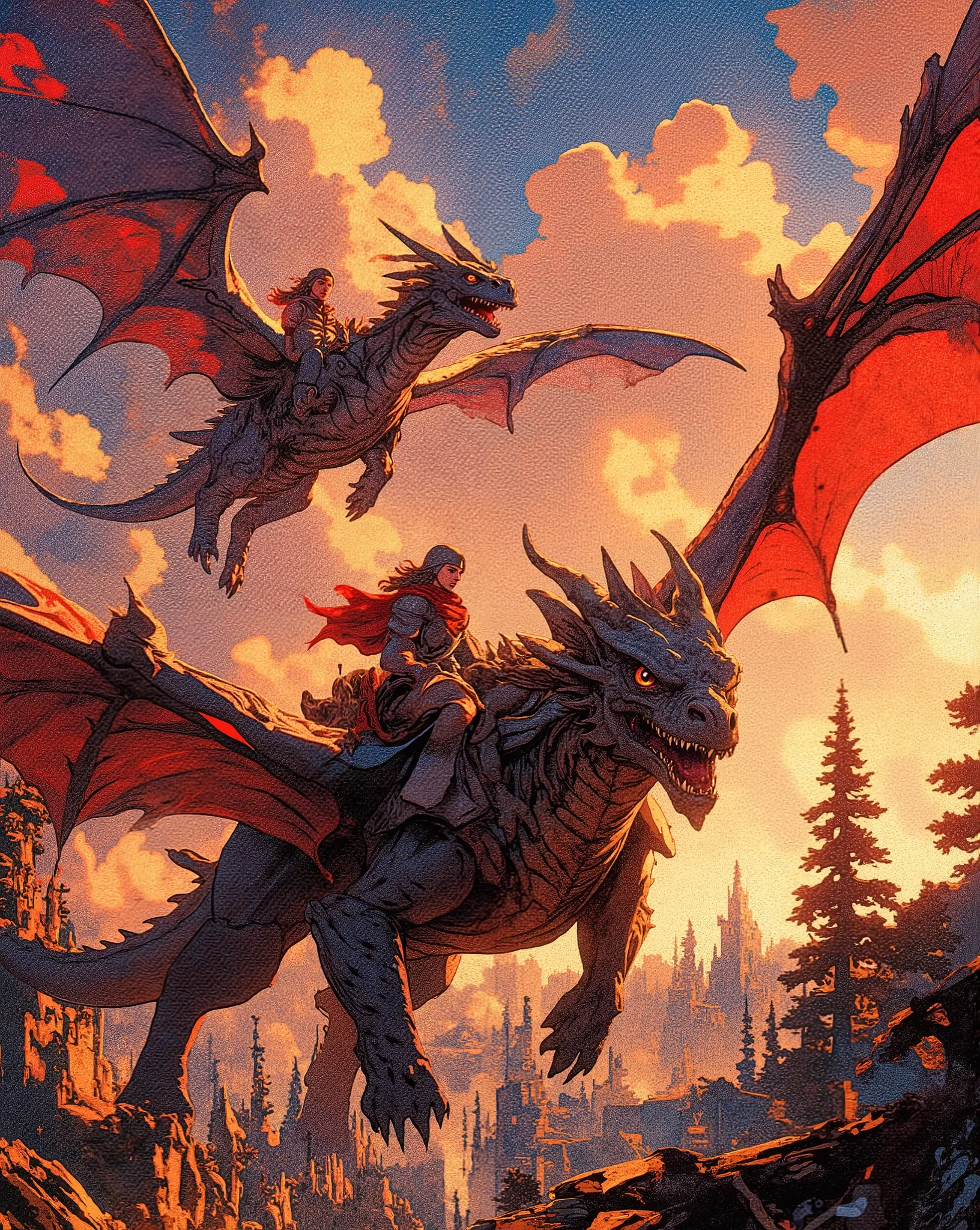 A semi-realistic digital painting with bold outlines, dynamic angles, and stylized shading, inspired by comic books and concept art. two dragon riders soaring through a vibrant medieval sky at golden hour. Their powerful, majestic dragons soar through the ...