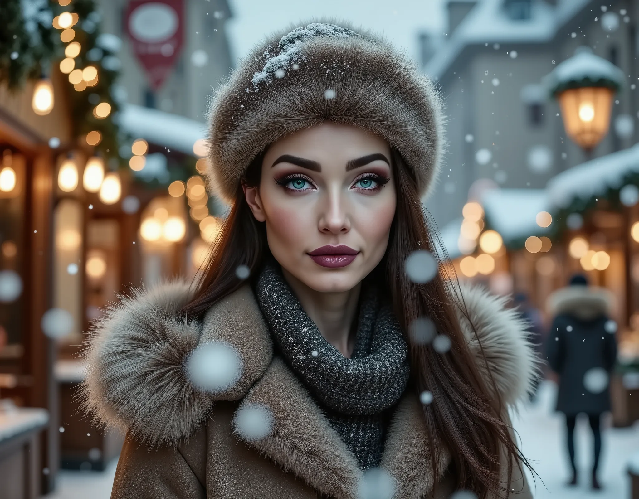 woman wearing a fur coat and a fur hat, outside, christmas fair with lot's of decorations and christmas lights in the background, heavy snowing,