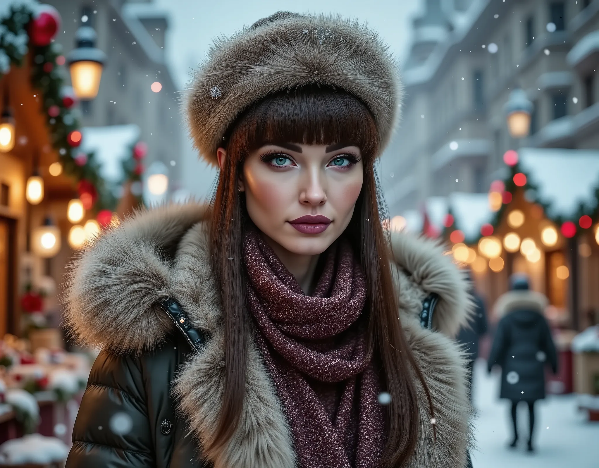 woman wearing a fur coat and a fur hat, outside, christmas fair with lot's of decorations and christmas lights in the background, heavy snowing,
