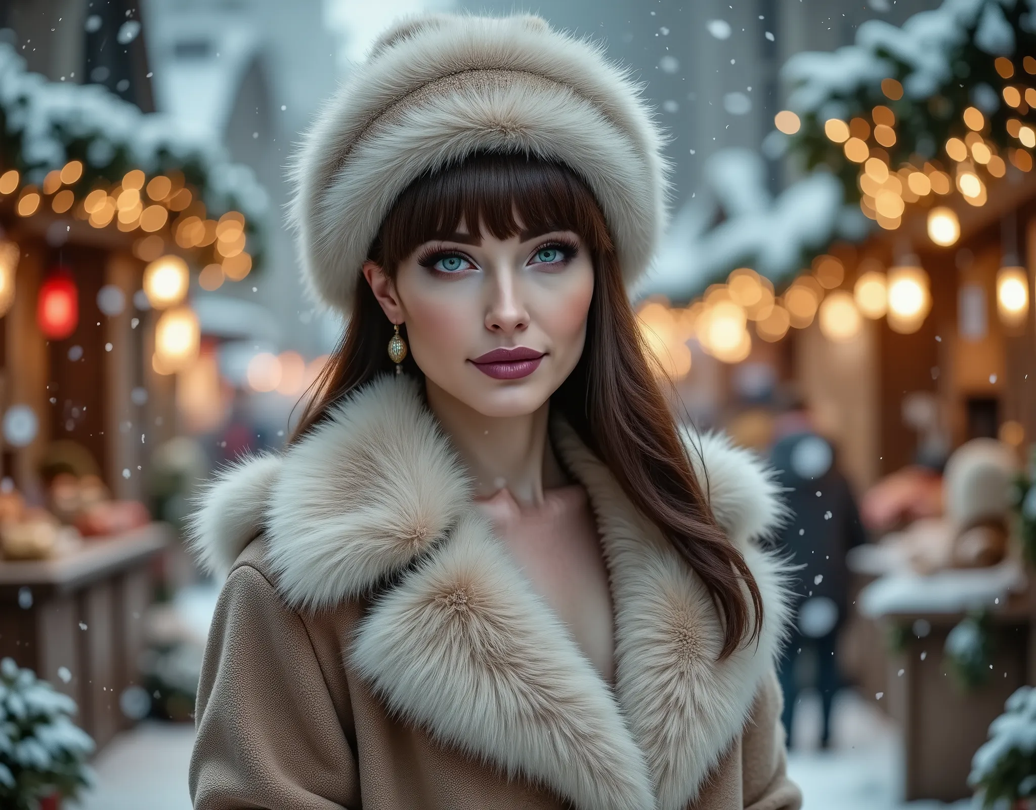 woman wearing a fur coat and a fur hat, outside, christmas fair with lot's of decorations and christmas lights in the background, heavy snowing,