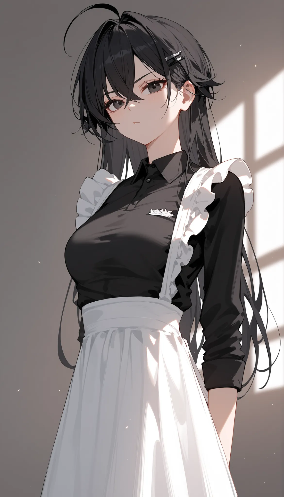 girl,ผมสีดำ,in Black Eyes, tomboy,milf,slim,Farsightedness,long hair,Black Shirt,Slender figure,Bored of the World ,,Black Hairpin,ahoge,Medium-Chested,Maid outfit,standing up,focus page