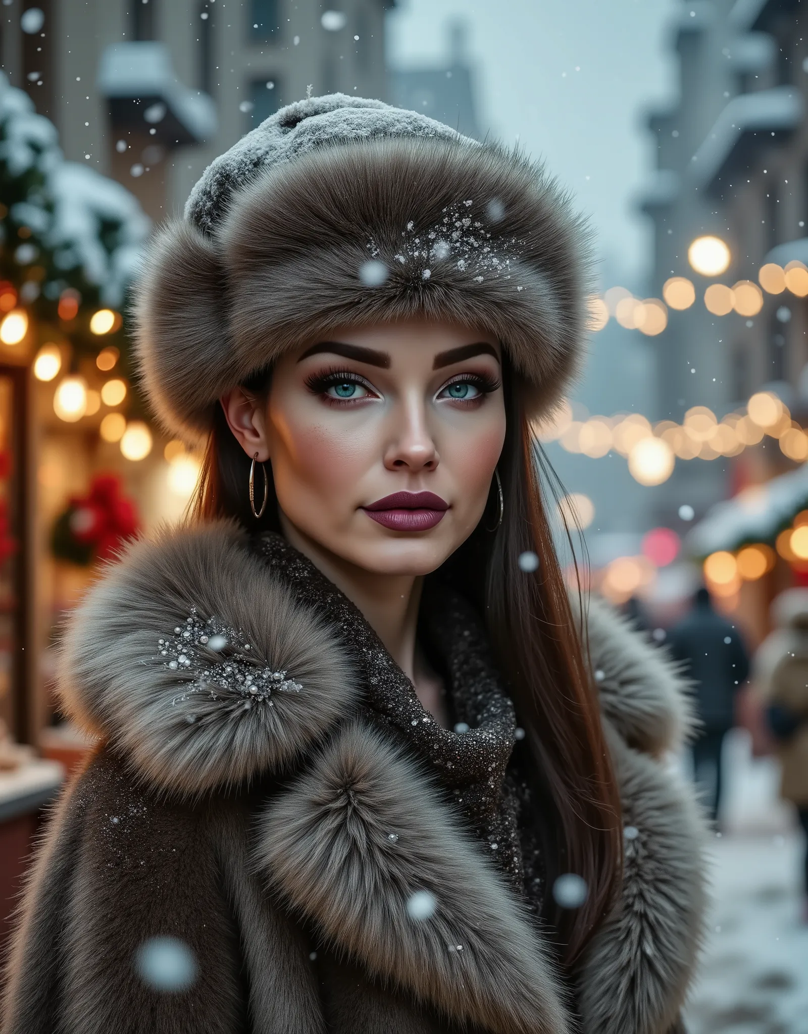 woman wearing a fur coat and a fur hat, outside, christmas fair with lot's of decorations and christmas lights in the background, heavy snowing,