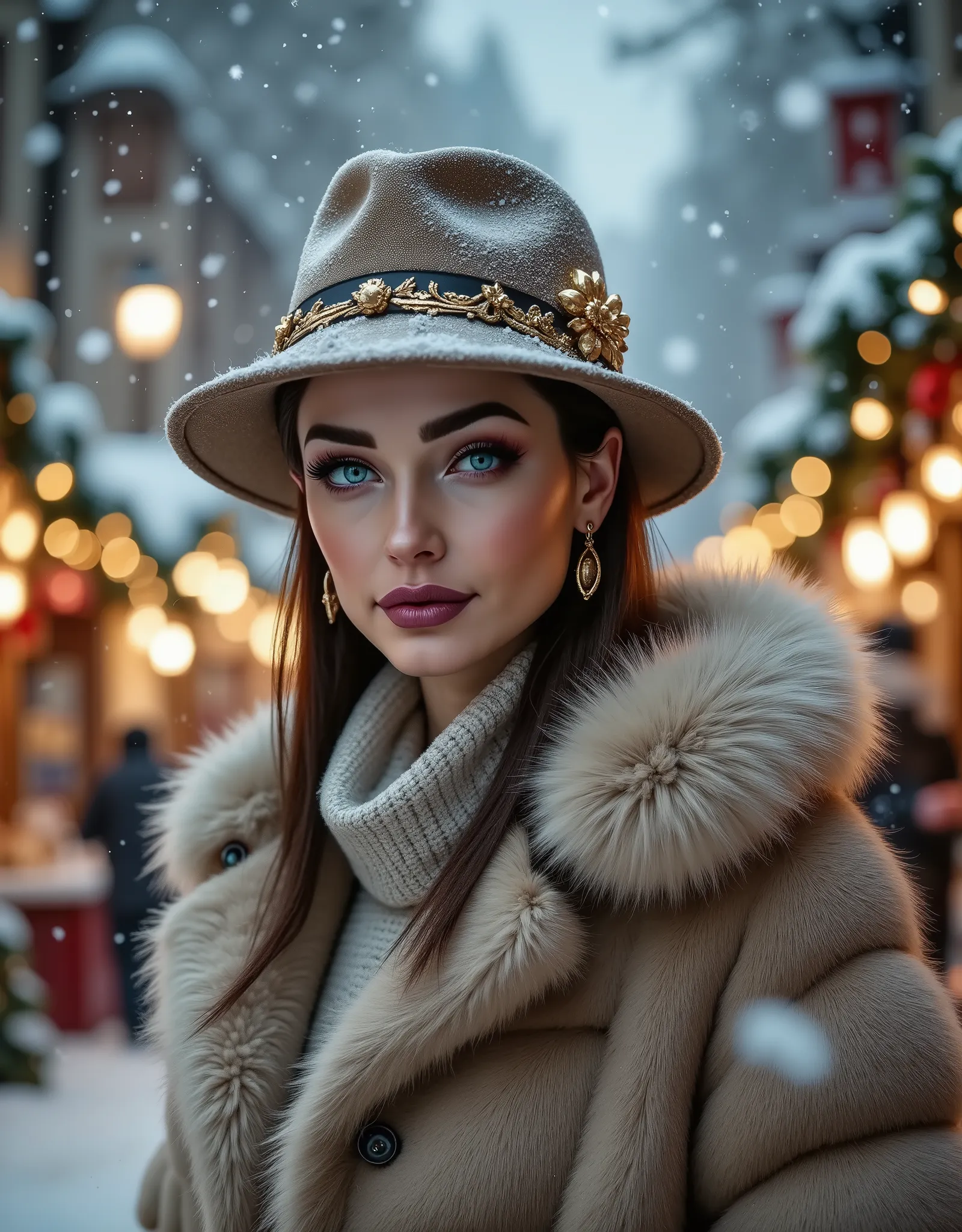 woman wearing a fur coat and a fur hat, outside, christmas fair with lot's of decorations and christmas lights in the background, heavy snowing,