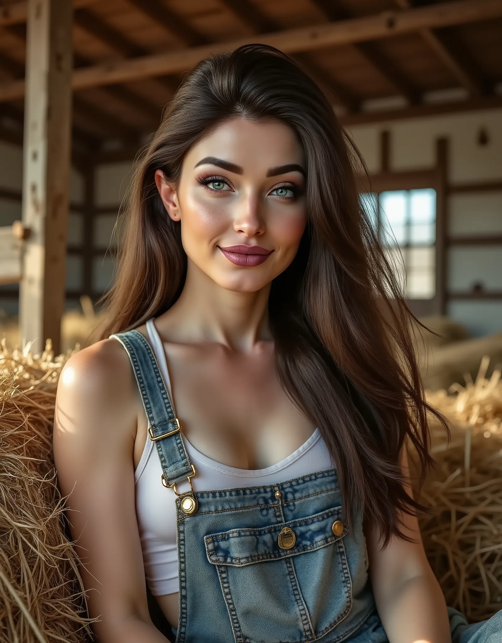 (Best quality, hyperrealistic, 8k, 32k, Masterpiece, UHD:1.2), full-body shot of a woman with long, flowing hair and glowing skin, reclining on a bale of hay in a rustic barn. She has a perfect smile. She wears a pair of worn denim overalls and a white tan...