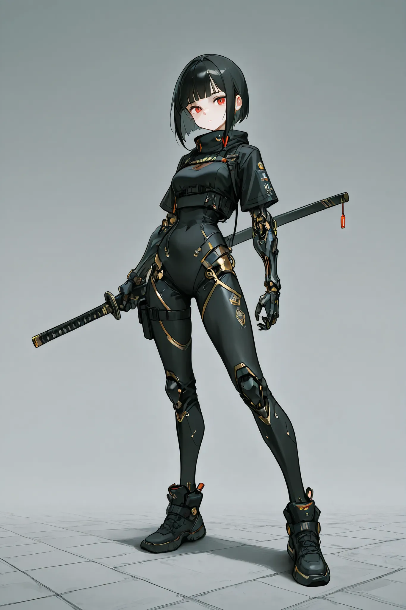 Cyborg girl with short black hair and bangs, olhos vermelhos, calm and attractive look, wearing detailed black and gold costume in the futuristic techwear style, black futuristic cybernetic prosthesis, holding neon red futuristic katana, concept art, full...