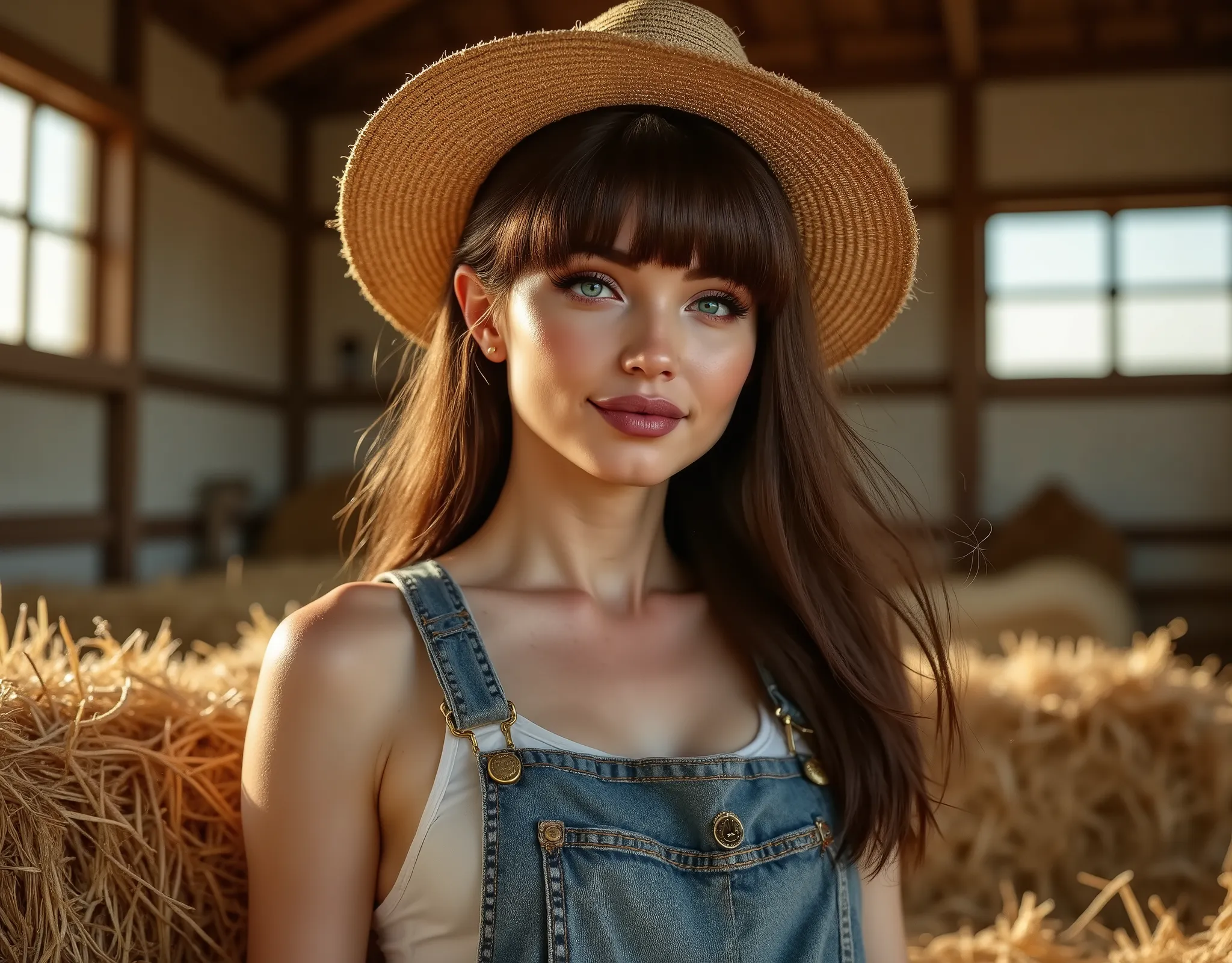 (Best quality, hyperrealistic, 8k, 32k, Masterpiece, UHD:1.2), full-body shot of a woman with long, flowing hair and glowing skin, bangs, straw hat, reclining on a bale of hay in a rustic barn. She has a perfect smile. She wears a pair of worn denim overal...