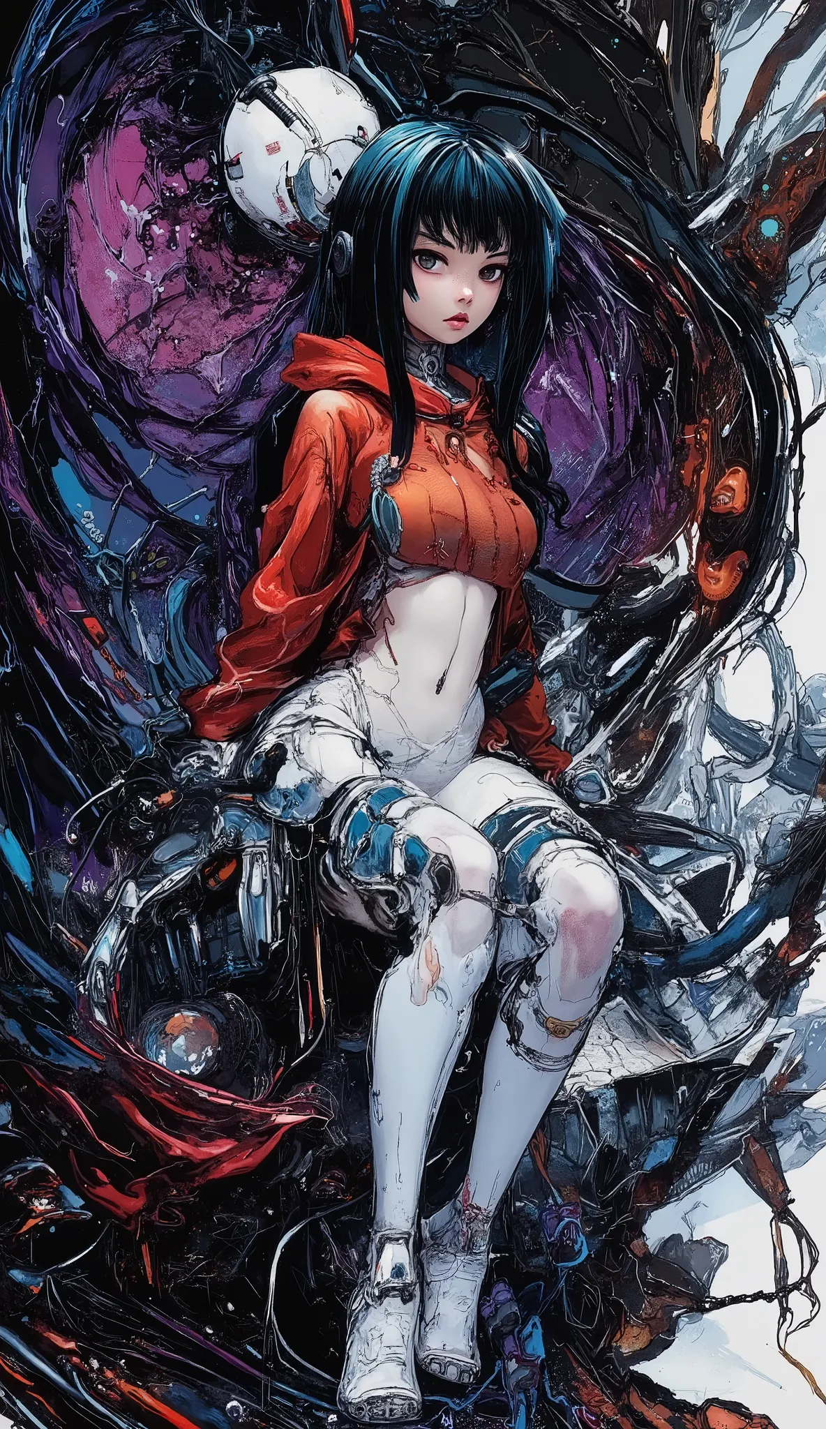 full body拍摄,beauties,alone,full body,white embroidered leggings, long black hair, author:Masabu Jido,skull background. side view. a digital painting showcasing a cybernetic woman with long black hair and a slender, curvaceous figure. She is seated on a da...