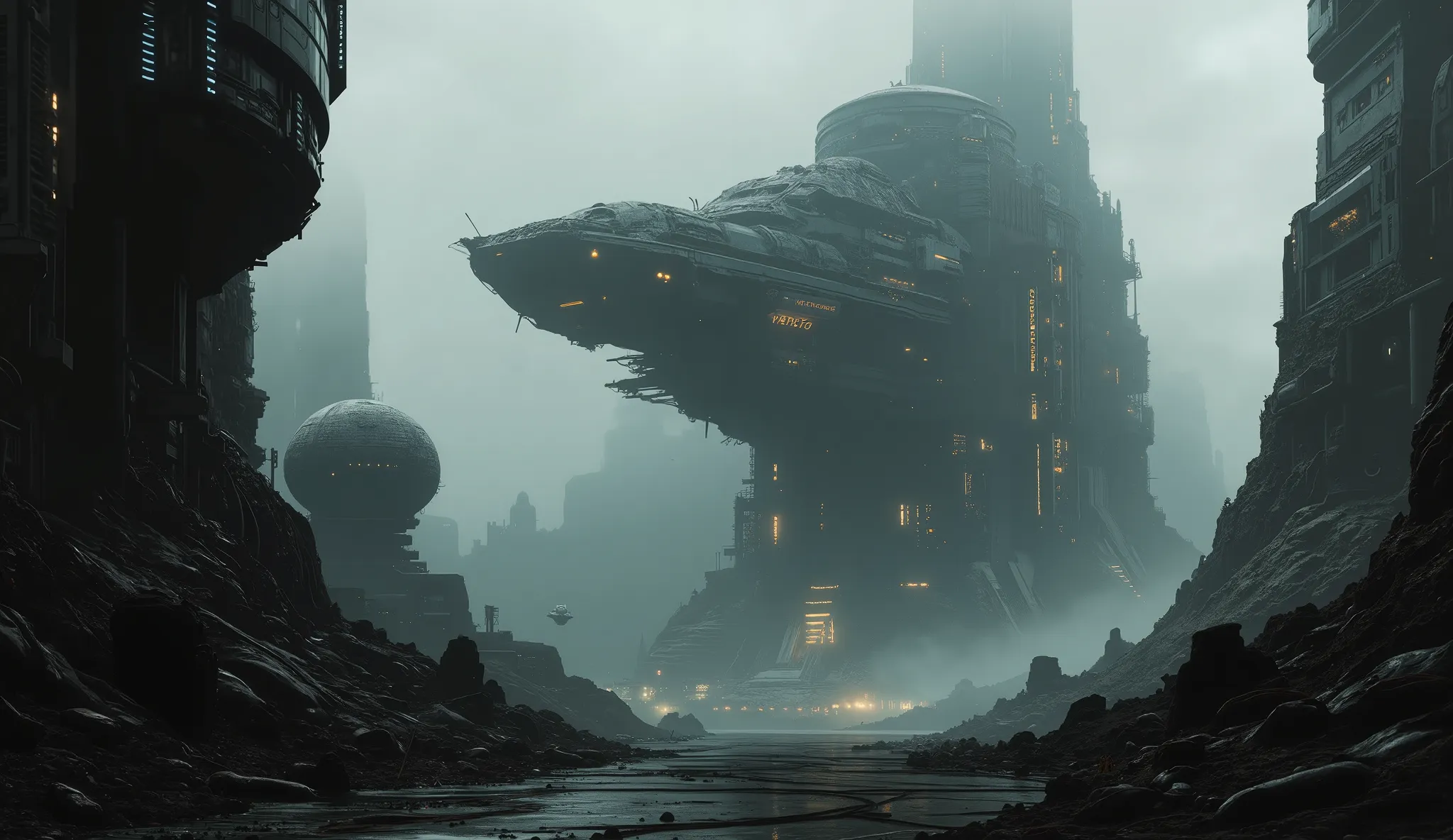 A colossal, dystopian megastructure looms in the dense, foggy atmosphere, stretching into the distance with intricate industrial details. The structure dominates the scene, with glowing windows and embedded machinery giving it a futuristic, cyberpunk aesth...