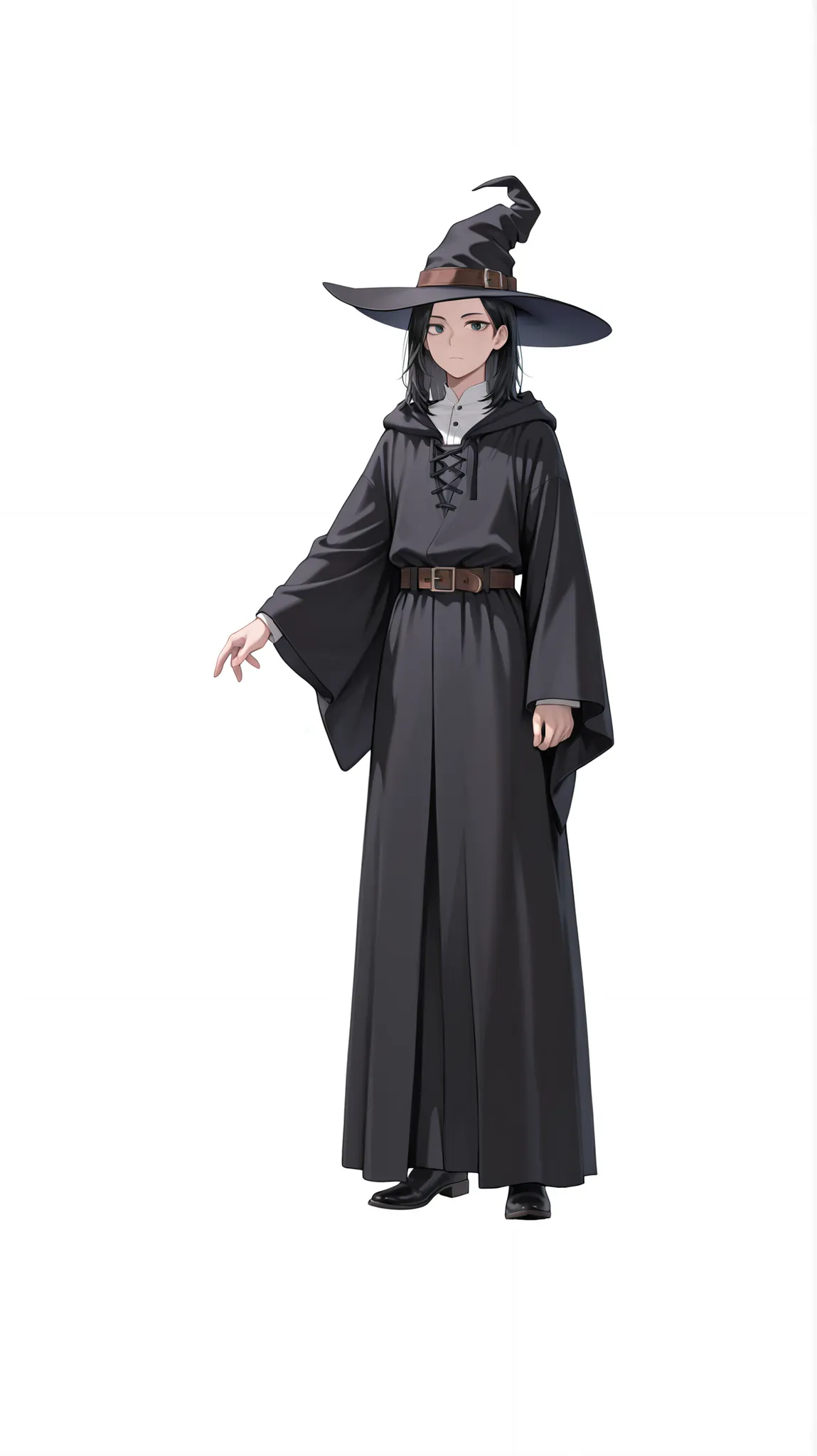 1boy, solo, looking at viewer, medium hair, simple background, black hair, long sleeves, hat, white shirt, white background, closed mouth, standing, full body, boots, belt, wide sleeves, black footwear, amber eyesblack headwear, witch hat, robe, medieval c...