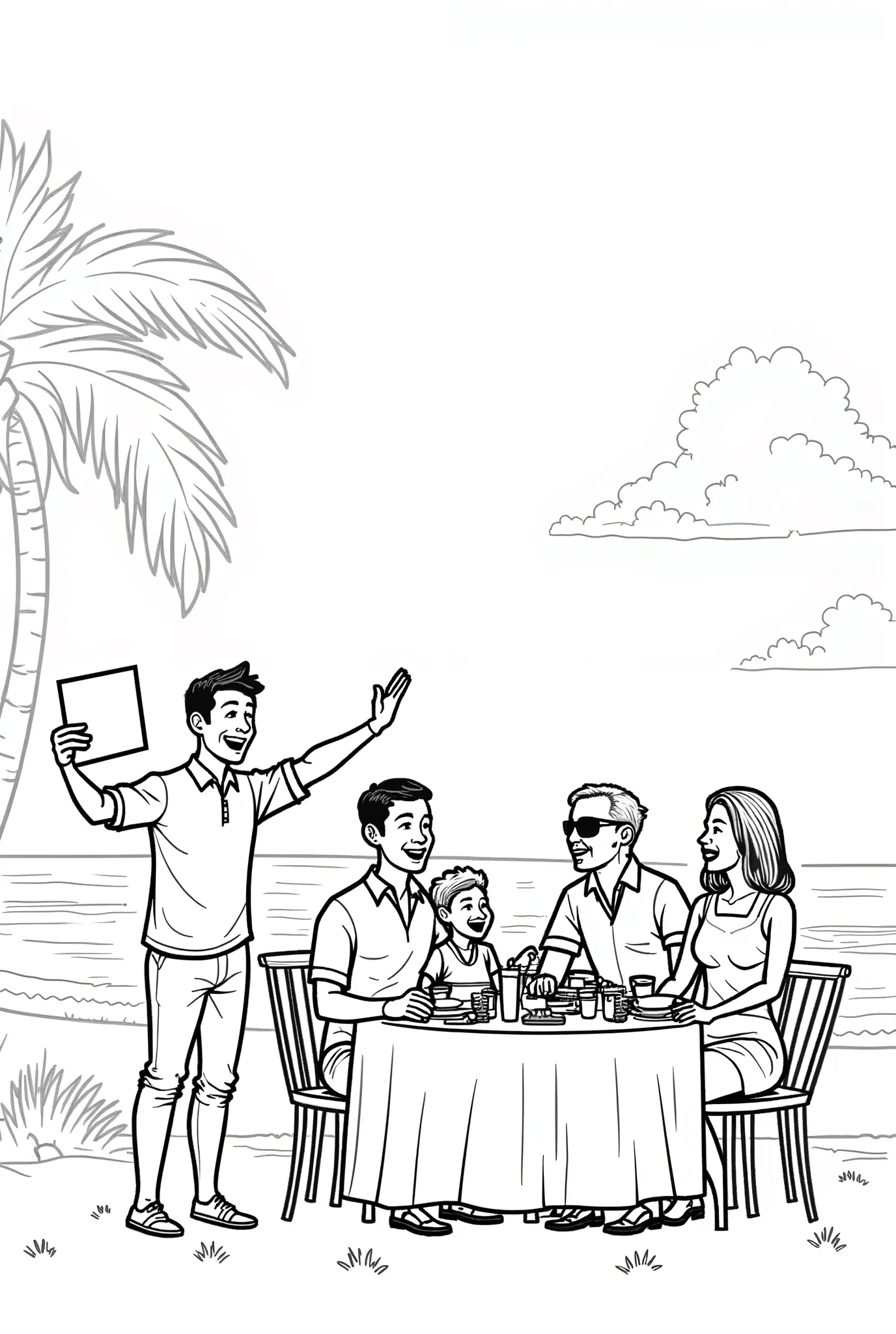 Add these changes in image more people in same line art style, more beach and restaurants details, people clapping, line art style, beautiful composition, people,