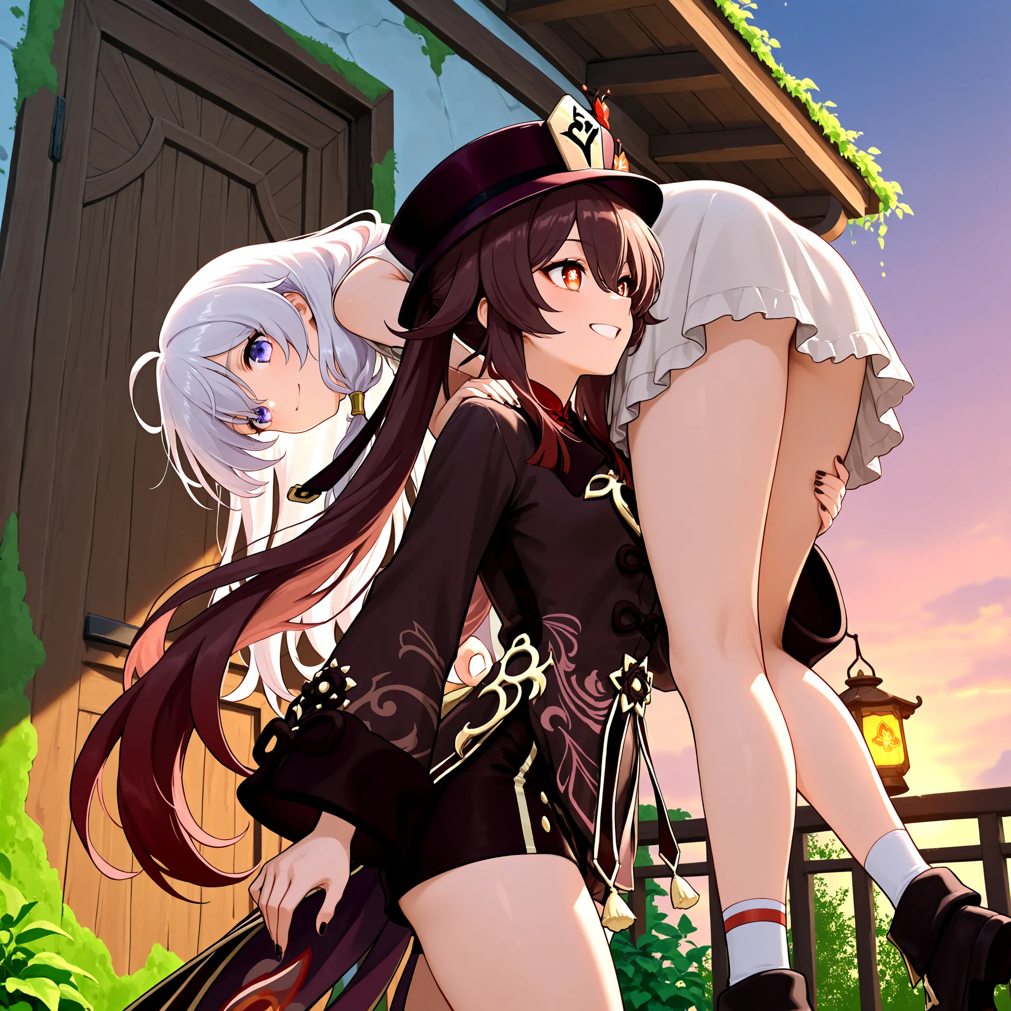 (masterpiece:1.2, Best Quality), (finely detailed beautiful eye: 1.2), (beautiful detailed face), from below,, from side, 2girls,carrying, carrying over shoulder, shoulder carry, ots carry, character: Hu Tao - (Genshin Impact), character: Elaina - (Majo no...