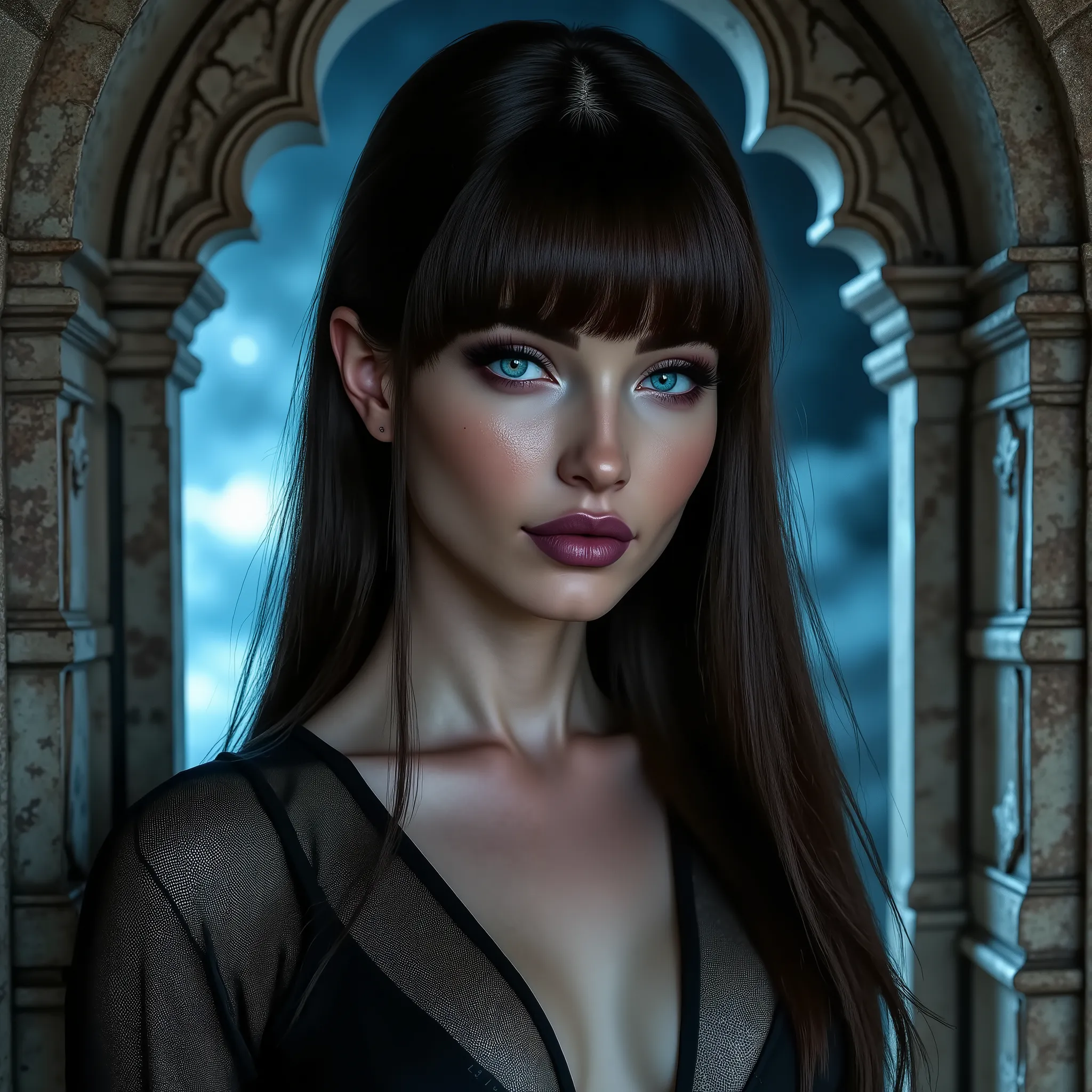 arafed woman standing in doorway wearing a mesh top, bangs, detailed portrait, photorealistic, realistic skin tones, high quality, 8K, HDR, physically-based rendering, beautiful facial features, piercing blue eyes, soft glowing skin, long flowing hair, del...