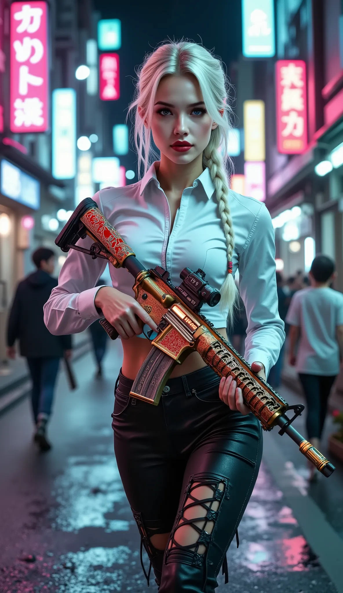 [Style: "Photorealistic, cinematic, cyberpunk"] (Key Directive: "Prioritize anatomical accuracy and material textures") { Character: "20-year-old Caucasian woman" | Face: "symmetrical, pale skin, full lips, red lipstick:1.15" | Eyes: "brown irises (hyper-...