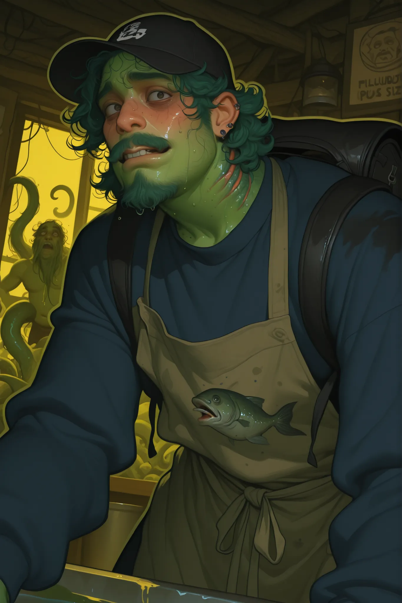 2d semi realistic image of a Chubby short young man, cherubic face, green tint to skin, green skin, gills on neck, chubby and plus size. Wearing black ballcap with dead fish cartoon design on the front, shaggy long blue and green mullet with curly hair th...