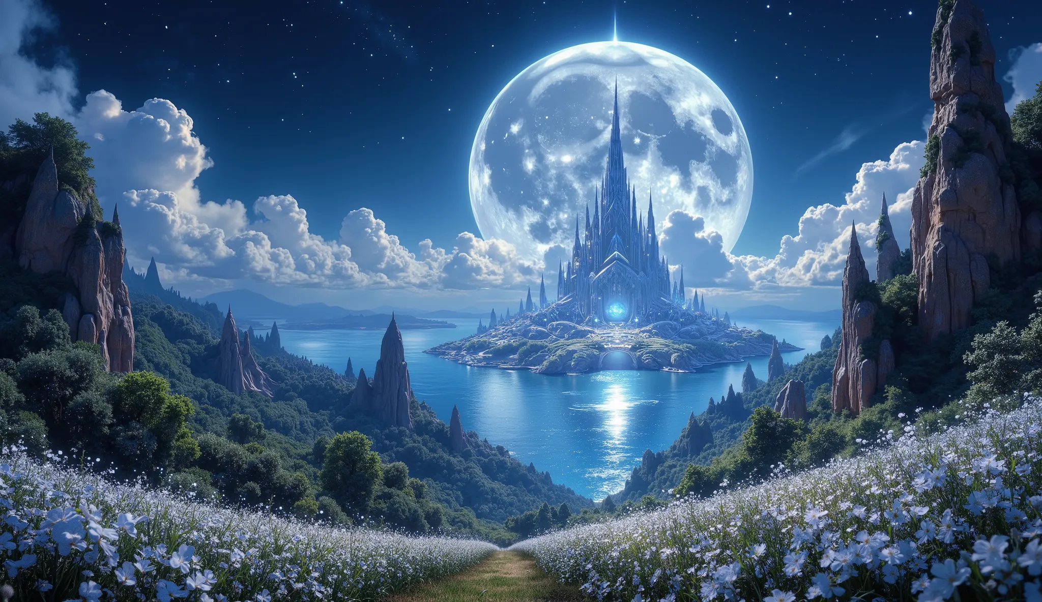 There is an image of a beautiful landscape with a giant moon, impressive fantasy 3D rendering,, an amazing magical city, a large ocean, a large forest of white flowers, a large number of clouds everywhere, a planet in the sky and stars, a very detailed mag...