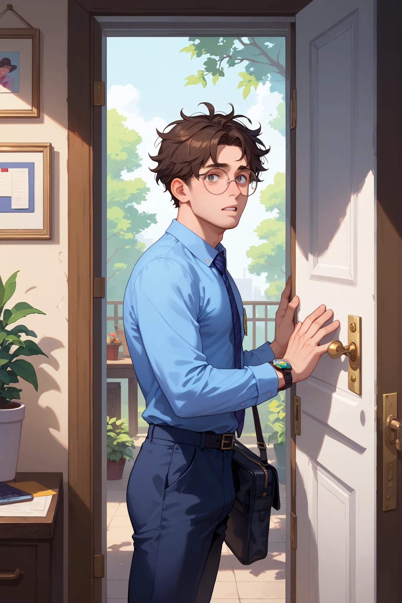 rookie ,intern  ,office clothes,man,novice,round glasses,standing,parted lips,Homosexual Gesture,soft eyes,intern badge,messy hair,At the front door, greetings,shameful,Outdoor,polite,side view,The one who placed his hand on the door